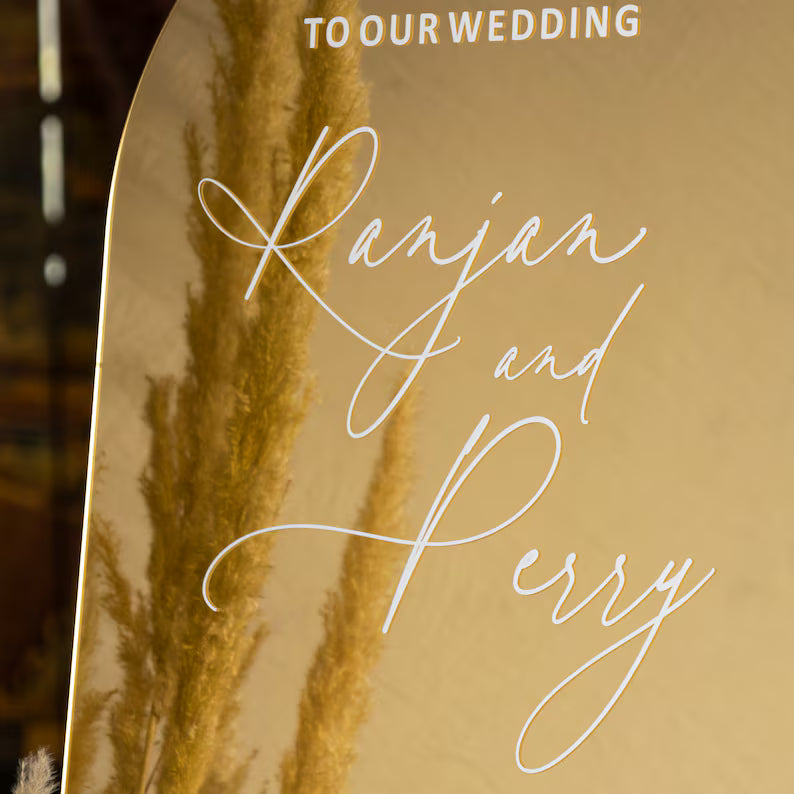 Arched Wedding Welcome Sign, Gold Mirror Acrylic Welcome Sign, Gold Mirror Wedding Signage, Custom Weddin Sign, Wedding Stationery