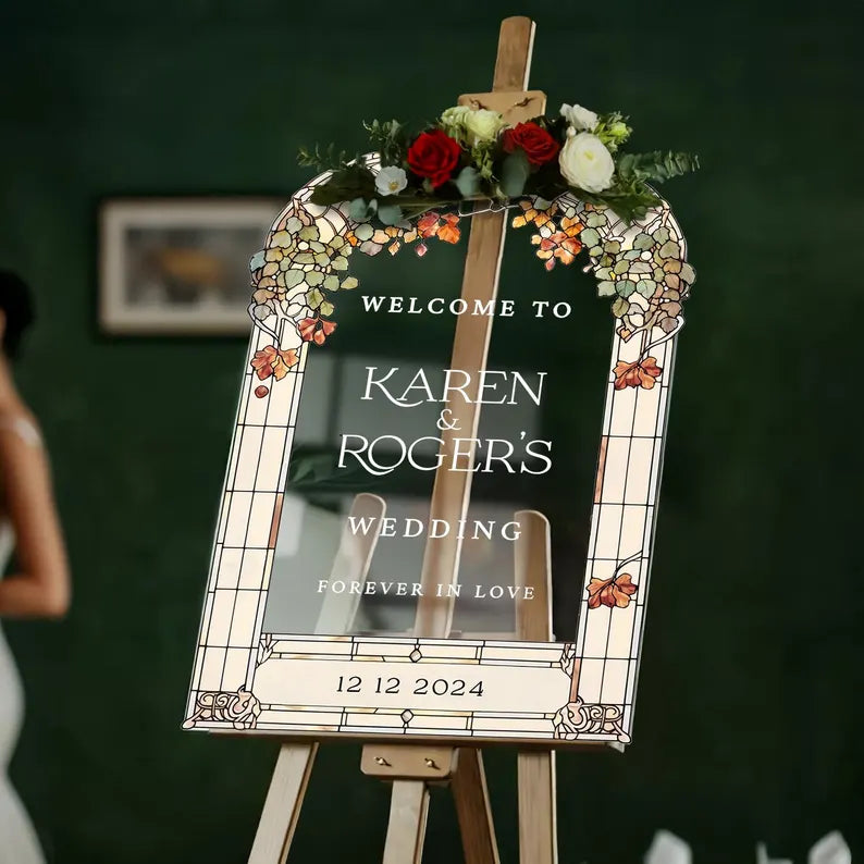 Stained Glass Floral Wedding Sign, Forever In Love Wedding Welcome Sign, Mirror Or Frosted Acrylic Wedding Entrance Sign