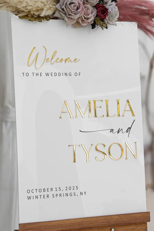 Acrylic Wedding Sign With 3D Mirror Gold Names, Ceremony Welcome Sign, Wedding Welcome Sign, Engagement sign, Modern wedding sign