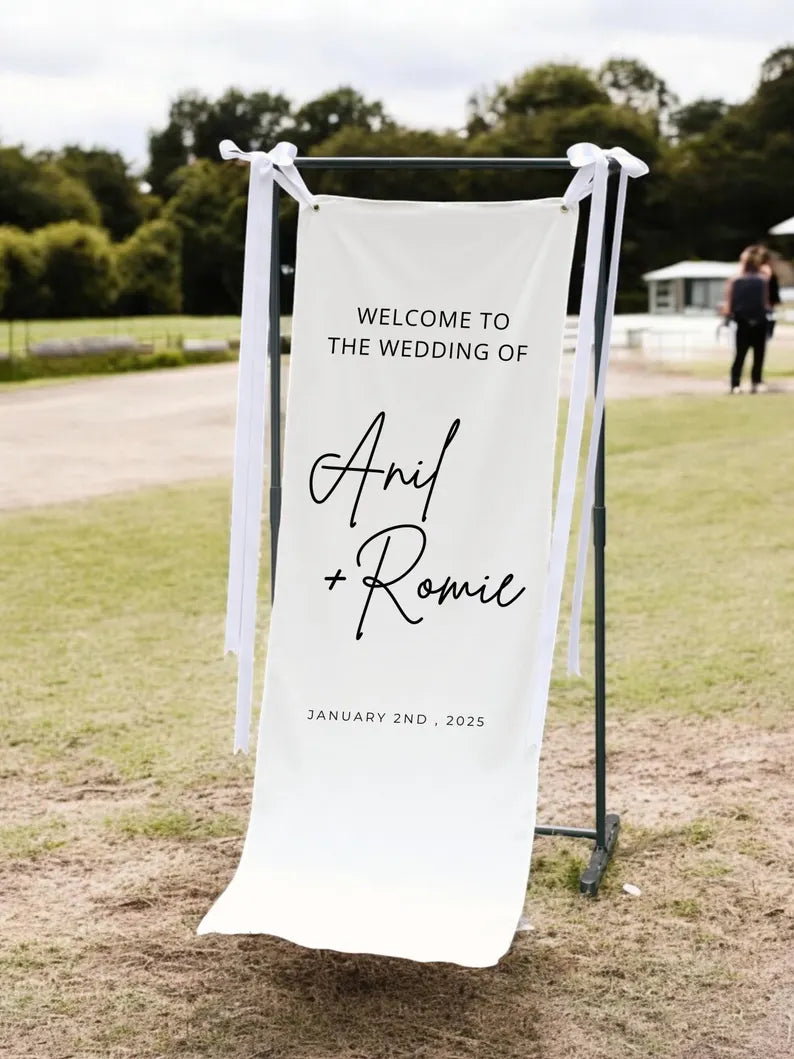 Custom Linen Wedding Welcome Sign, Fabric Wedding Sign, Personalised Boho Wedding Decor, Rustic Wedding Banner, Large Fabric Welcome Sign 02