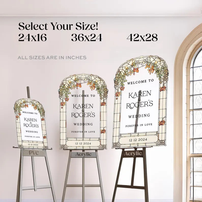 Stained Glass Floral Wedding Sign, Forever In Love Wedding Welcome Sign, Mirror Or Frosted Acrylic Wedding Entrance Sign