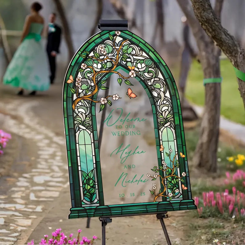 Wedding Welcome Sign, Custom Acrylic Wedding Sign, Printed Stained Glass Wedding Entrance Sign, Vintage Wedding Decorations