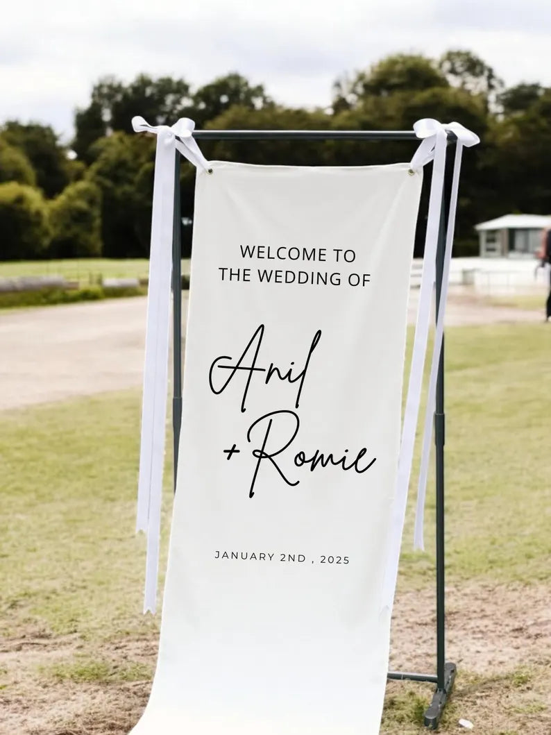 Custom Linen Wedding Welcome Sign, Fabric Wedding Sign, Personalised Boho Wedding Decor, Rustic Wedding Banner, Large Fabric Welcome Sign 02