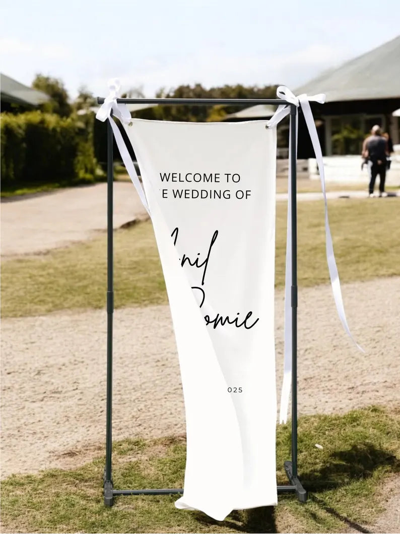 Custom Linen Wedding Welcome Sign, Fabric Wedding Sign, Personalised Boho Wedding Decor, Rustic Wedding Banner, Large Fabric Welcome Sign 02