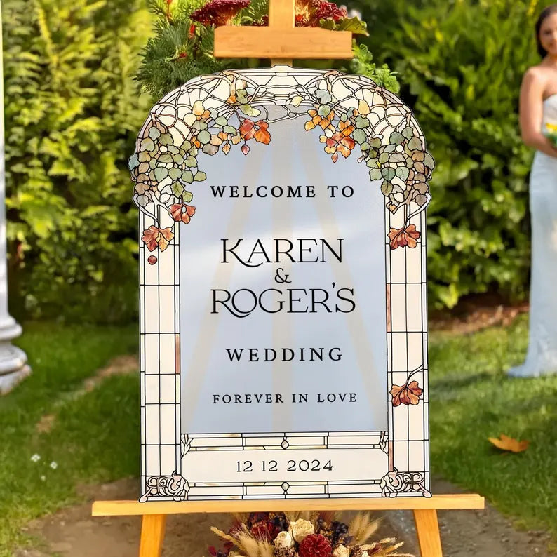 Stained Glass Floral Wedding Sign, Forever In Love Wedding Welcome Sign, Mirror Or Frosted Acrylic Wedding Entrance Sign