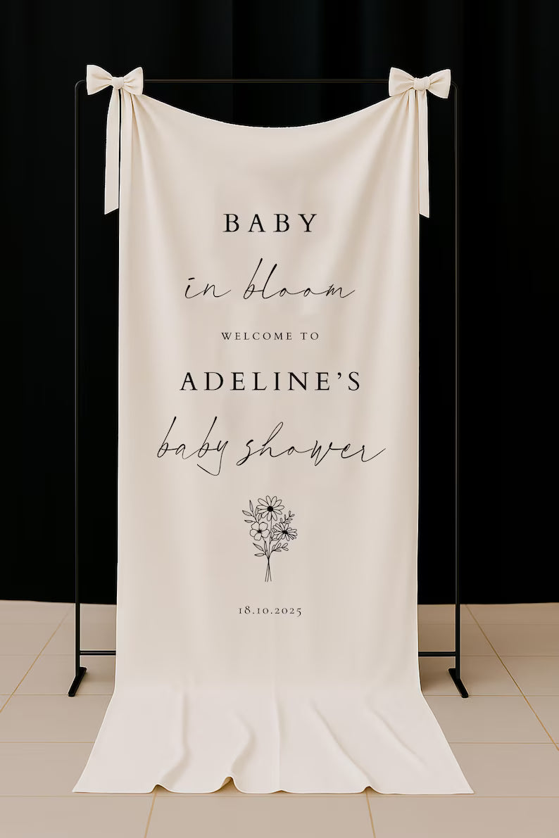 Fabric Baby in Bloom Sign, Baby in Bloom Sign with Ribbon, Modern Baby in Bloom Sign, Fabric Baby Shower Sign, With Stand BL03