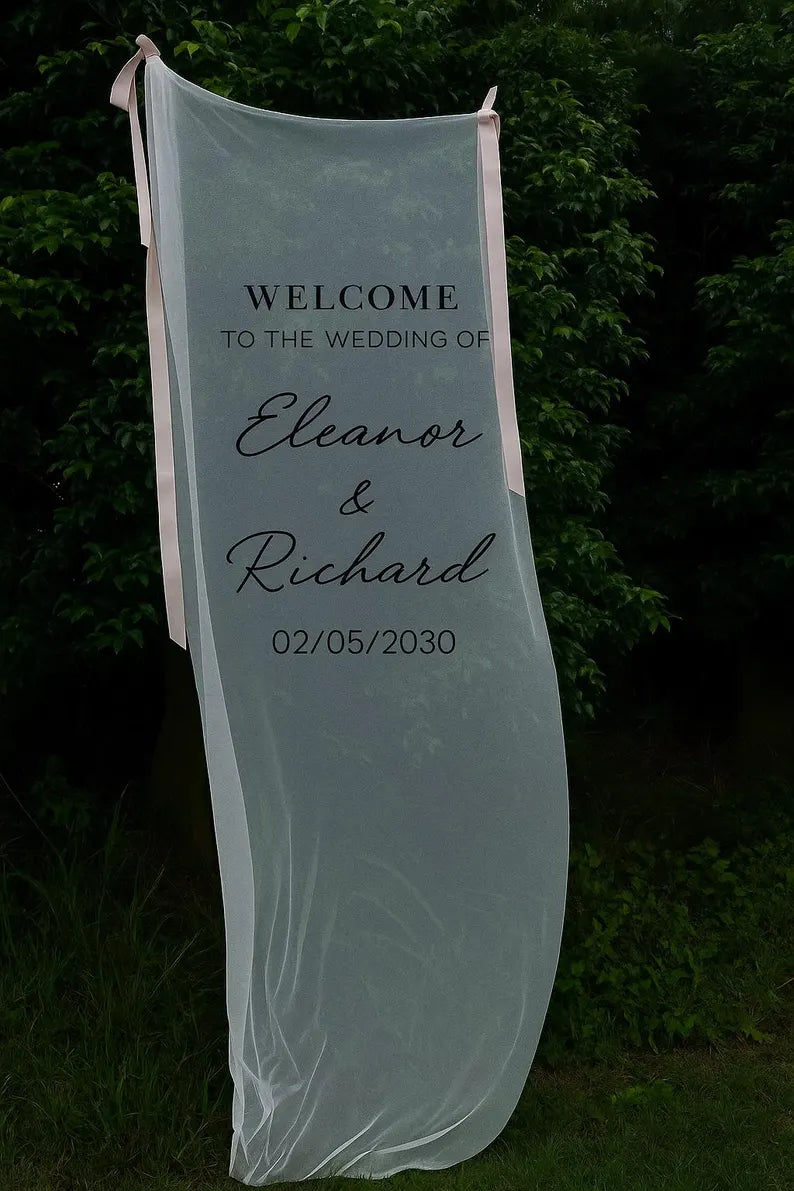 Sheer Wedding Sign, Romantic Wedding Sign, Wedding Backdrop, Voile Wedding Banner, Organza Wedding Sign, Fabric Welcome Sign