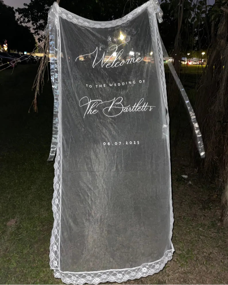 Romantic Sheer Wedding Welcome Sign, Personalized Lace-Trimmed Sign, Luxury Sheer Wedding Welcome Sign, Elegant Bridal Lace Décor