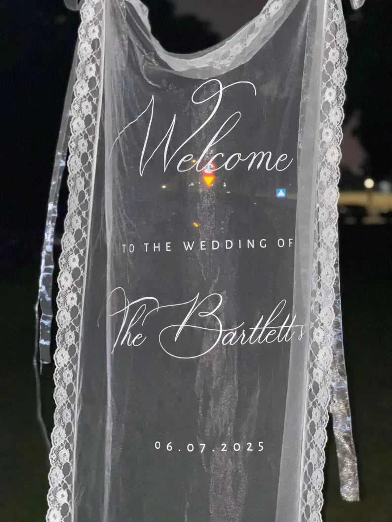 Romantic Sheer Wedding Welcome Sign, Personalized Lace-Trimmed Sign, Luxury Sheer Wedding Welcome Sign, Elegant Bridal Lace Décor