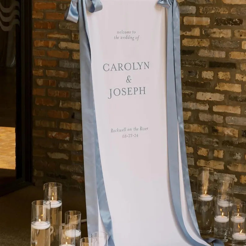 Custom Fabric Wedding Sign | Welcome to the Wedding of Banner | Satin Ribbon Edge | Romantic Wedding Decor | With Stand