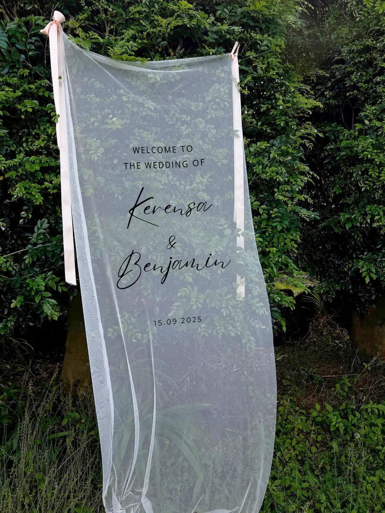 Romantic Sheer Wedding Sign,Personalized Sheer Fabric Wedding Sign,Custom Transparent Linen Welcome Banner