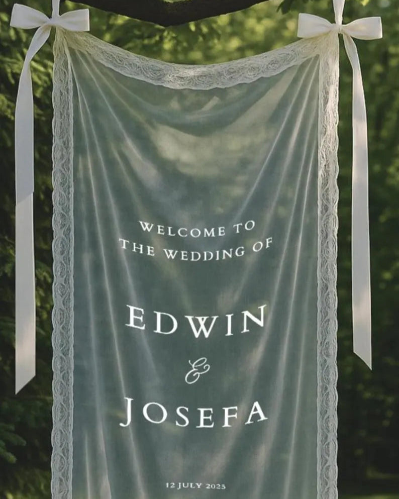 Elegant Wedding Sheer Welcome Sign with Lace Border – Personalized Wedding Entrance Décor