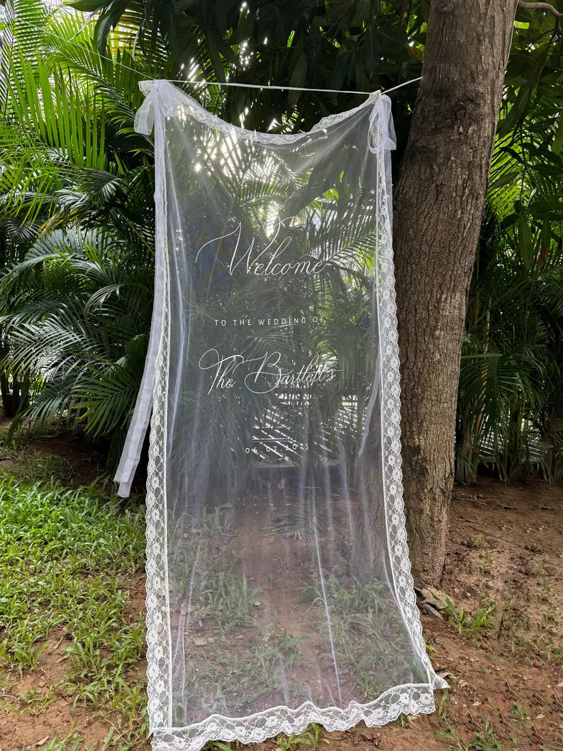 Welcome Fabric Sign, Sheer Sign, Fabric Sign, Wedding Veil, fabric sign, Custom Wedding Welcome Sign, Personalized Lace Edge Sign
