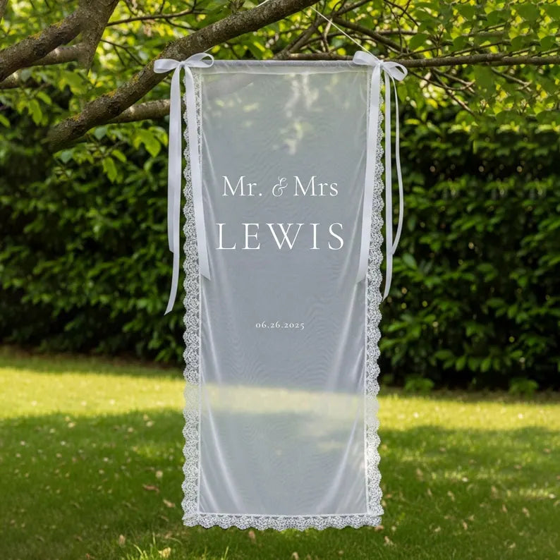 Romantic Sheer Wedding Sign, Linen Wedding Welcome Sign,Modern Outdoor Wedding Banner, Personalized Wedding Decoration,Engagement Party Sign