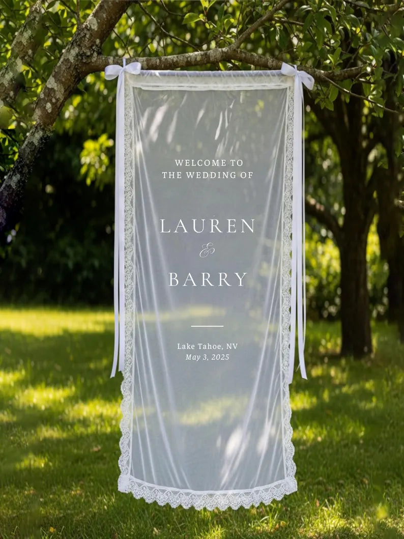 Romantic Sheer Wedding Sign, Linen Wedding Welcome Sign,Modern Outdoor Wedding Banner, Personalized Wedding Decoration,Engagement Party Sign