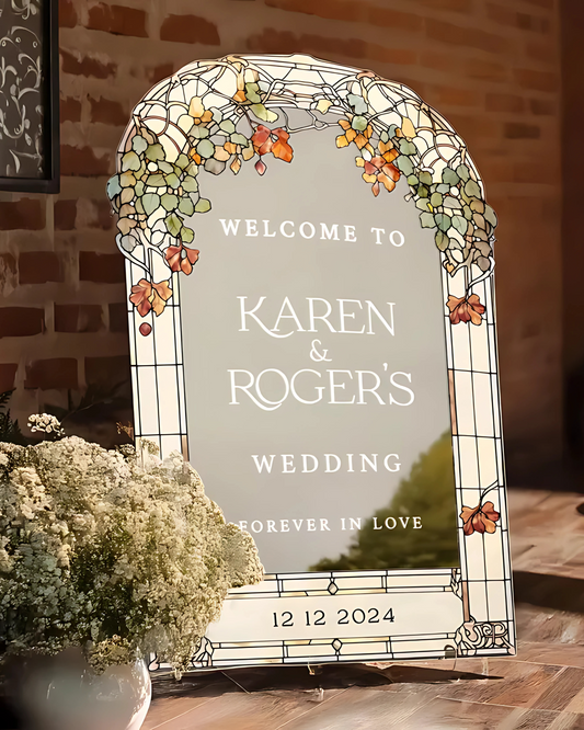 Stained Glass Floral Wedding Sign, Forever In Love Wedding Welcome Sign, Mirror Or Frosted Acrylic Wedding Entrance Sign