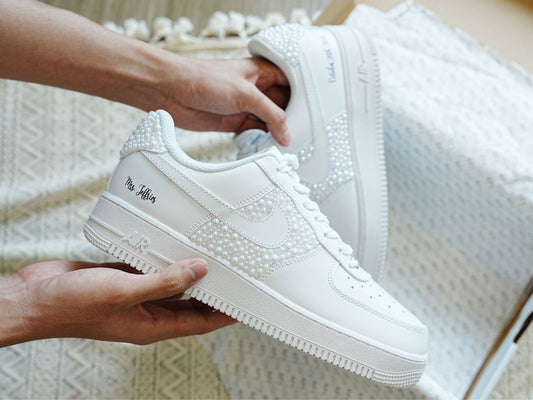 Wedding Personalized Sneakers • Prom • Graduation Pearl Crystal Bridal Shoes • Air Force 1 AF1 White Wedding Bling Sneakers • NK_03