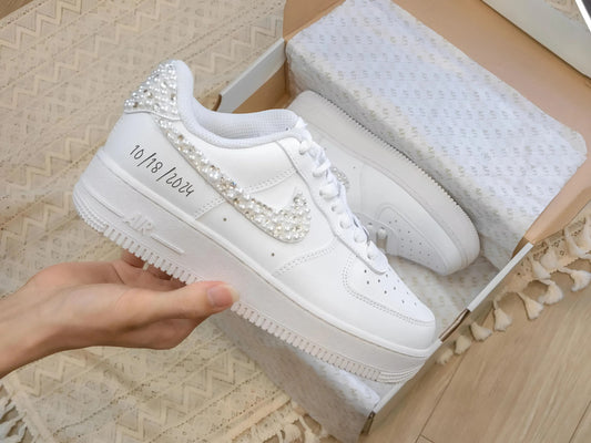 Wedding Personalized Sneakers • Graduation Pearl Crystal Bridal Shoes • Air Force 1 AF1 White Wedding Bling Sneakers • NK_04