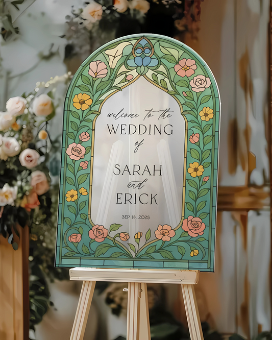 Stained Glass Wildflowers Wedding Sign, Floral Mirror Wedding Welcome Sign, Printed Frosted Acrylic Wedding Sign, Wildflower Wedding Decor