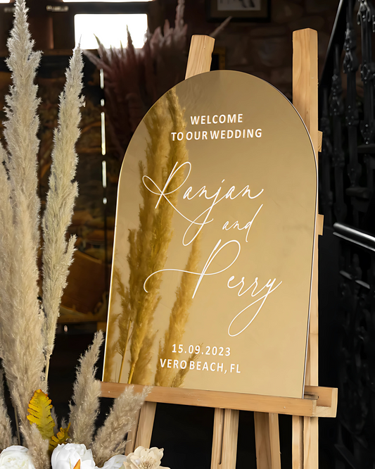 Arched Wedding Welcome Sign, Gold Mirror Acrylic Welcome Sign, Gold Mirror Wedding Signage, Custom Weddin Sign, Wedding Stationery
