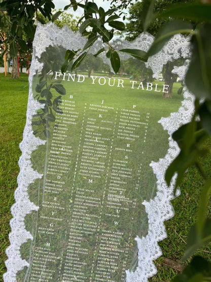 Lace Sheer Table, Sheer Table Sign, Lace Seating Chart, Sheer Wedding Decor, Wedding Table Banner, Fabric Seating Chart