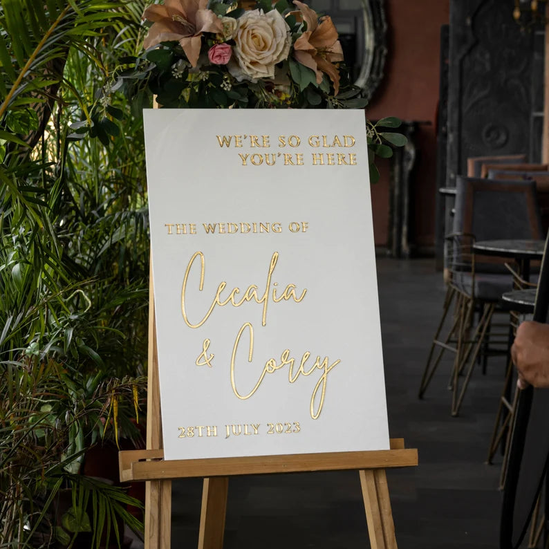 White Acrylic Wedding Sign With 3D Mirror Gold Names, Ceremony Welcome Sign, Wedding Welcome Sign, Engagement sign, Modern wedding sign