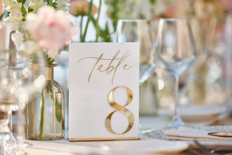 Wedding Table Numbers - White Acrylic 3D Gold Mirror Table Signs - Wedding Table Decor - Table Numbers with Stands - Wedding Table Setting