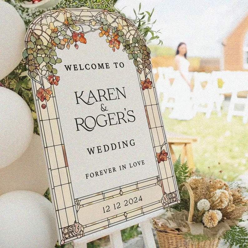 Stained Glass Floral Wedding Sign, Forever In Love Wedding Welcome Sign, Mirror Or Frosted Acrylic Wedding Entrance Sign