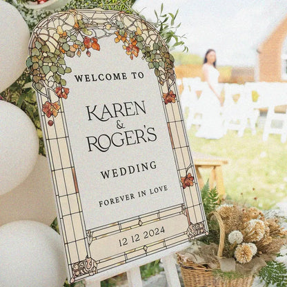 Stained Glass Floral Wedding Sign, Forever In Love Wedding Welcome Sign, Mirror Or Frosted Acrylic Wedding Entrance Sign