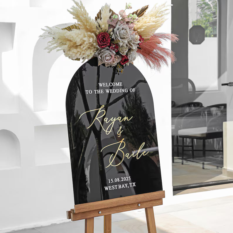 Shinny Black Acrylic Welcome Sign, Arched Shaped Wedding Sign - Wedding Decorations - Wedding Reception Signage - Personalized Welcome Sign