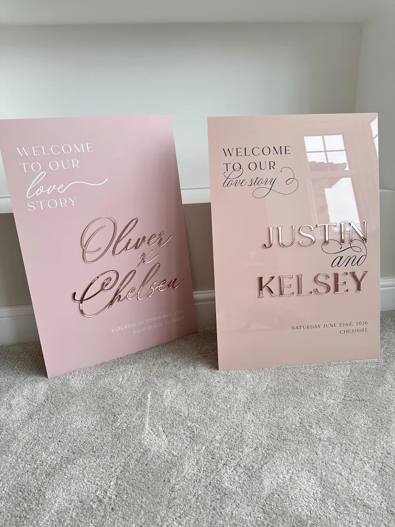 Acrylic Wedding Welcome Sign with 3D Mirror names - Luxury Wedding Reception Signage - Personalised Wedding Welcome Sign, A1, A2, A3