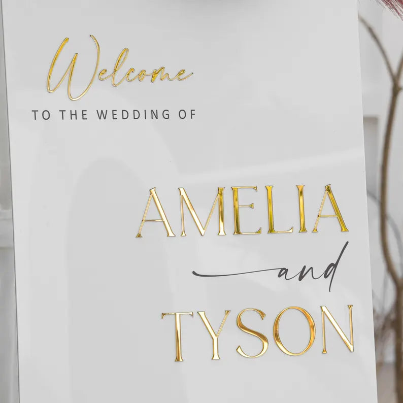 Acrylic Wedding Sign With 3D Mirror Gold Names, Ceremony Welcome Sign, Wedding Welcome Sign, Engagement sign, Modern wedding sign