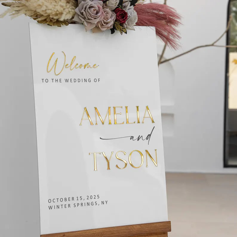 Acrylic Wedding Sign With 3D Mirror Gold Names, Ceremony Welcome Sign, Wedding Welcome Sign, Engagement sign, Modern wedding sign