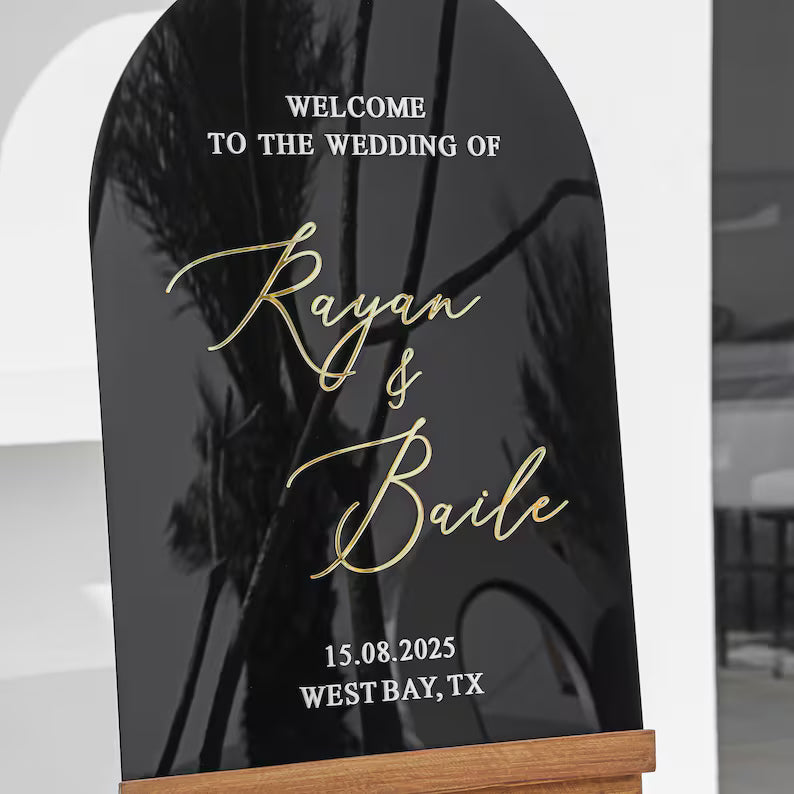 Shinny Black Acrylic Welcome Sign, Arched Shaped Wedding Sign - Wedding Decorations - Wedding Reception Signage - Personalized Welcome Sign