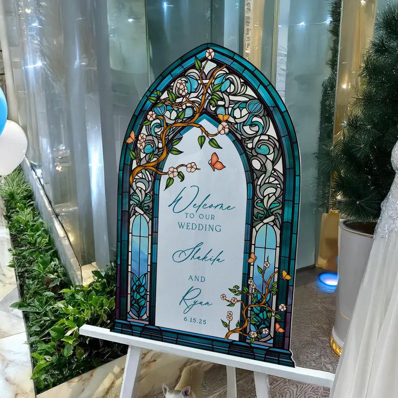 Wedding Welcome Sign, Custom Acrylic Wedding Sign, Printed Stained Glass Wedding Entrance Sign, Vintage Wedding Decorations
