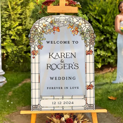 Stained Glass Floral Wedding Sign, Forever In Love Wedding Welcome Sign, Mirror Or Frosted Acrylic Wedding Entrance Sign