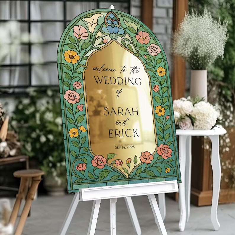 Stained Glass Wildflowers Wedding Sign, Floral Mirror Wedding Welcome Sign, Printed Frosted Acrylic Wedding Sign, Wildflower Wedding Decor