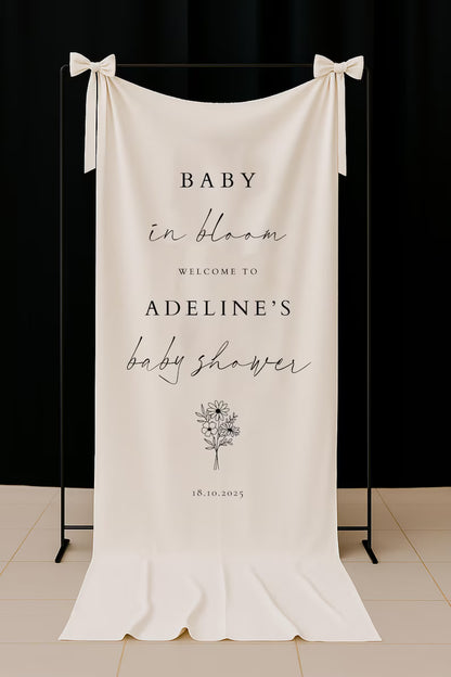 Fabric Baby in Bloom Sign, Baby in Bloom Sign with Ribbon, Modern Baby in Bloom Sign, Fabric Baby Shower Sign, With Stand BL03