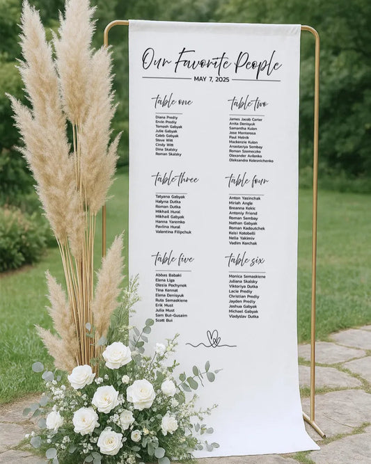 Linen Fabric Wedding Table Plan/Seating Chart with Silk Ribbon - with stand