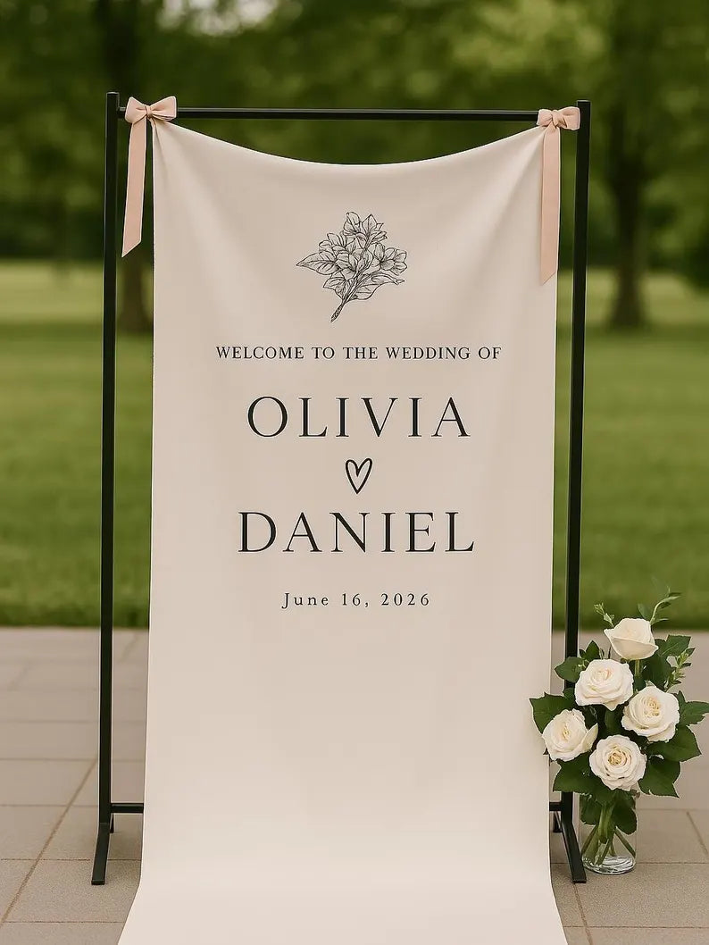 Linen Welcome Sign, Welcome Sign with Ribbon, Fabric Wedding Welcome Sign, Modern Wedding Welcome Sign, Fabric Welcome Sign, With Stand WS16