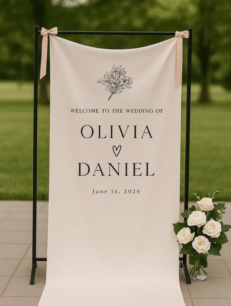 Linen Welcome Sign, Welcome Sign with Ribbon, Fabric Wedding Welcome Sign, Modern Wedding Welcome Sign, Fabric Welcome Sign, With Stand WS16