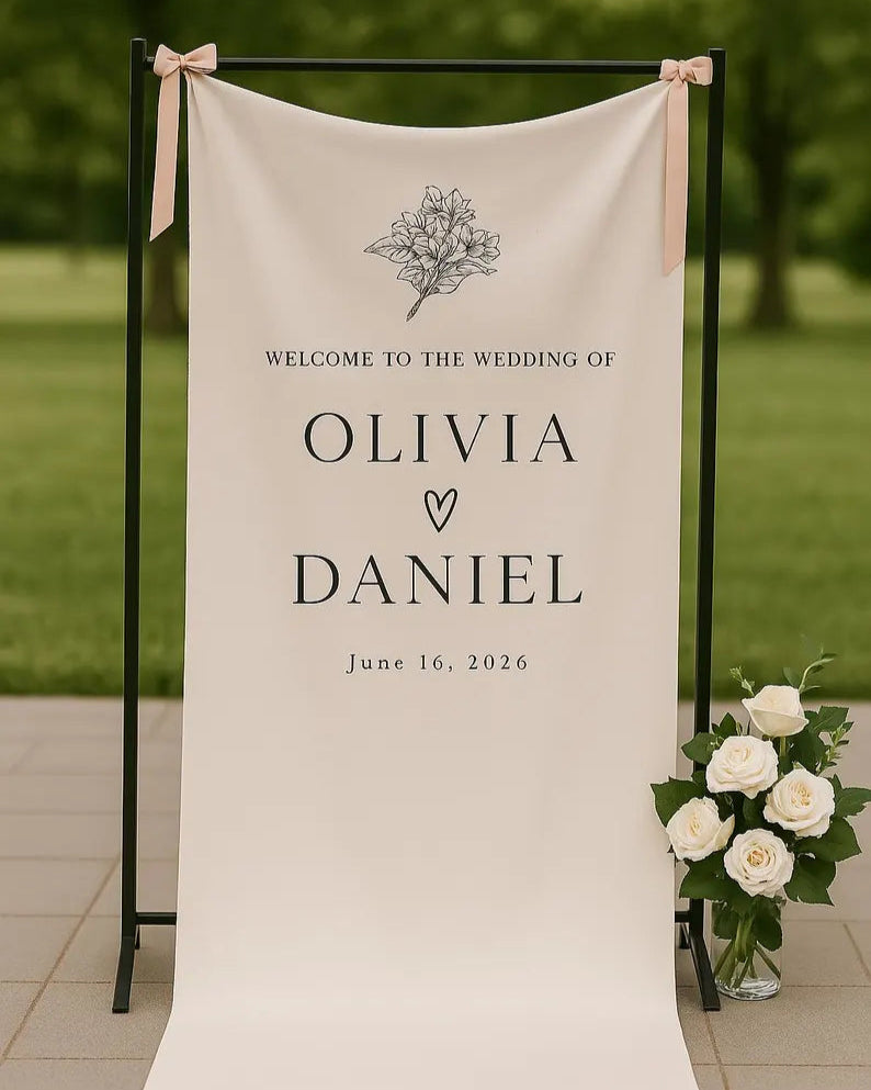 Linen Welcome Sign, Welcome Sign with Ribbon, Fabric Wedding Welcome Sign, Modern Wedding Welcome Sign, Fabric Welcome Sign, With Stand WS16