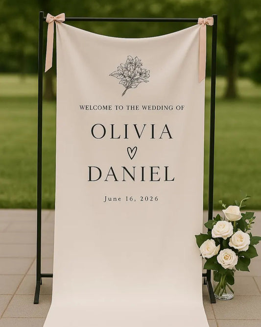 Linen Welcome Sign, Welcome Sign with Ribbon, Fabric Wedding Welcome Sign, Modern Wedding Welcome Sign, Fabric Welcome Sign, With Stand WS16