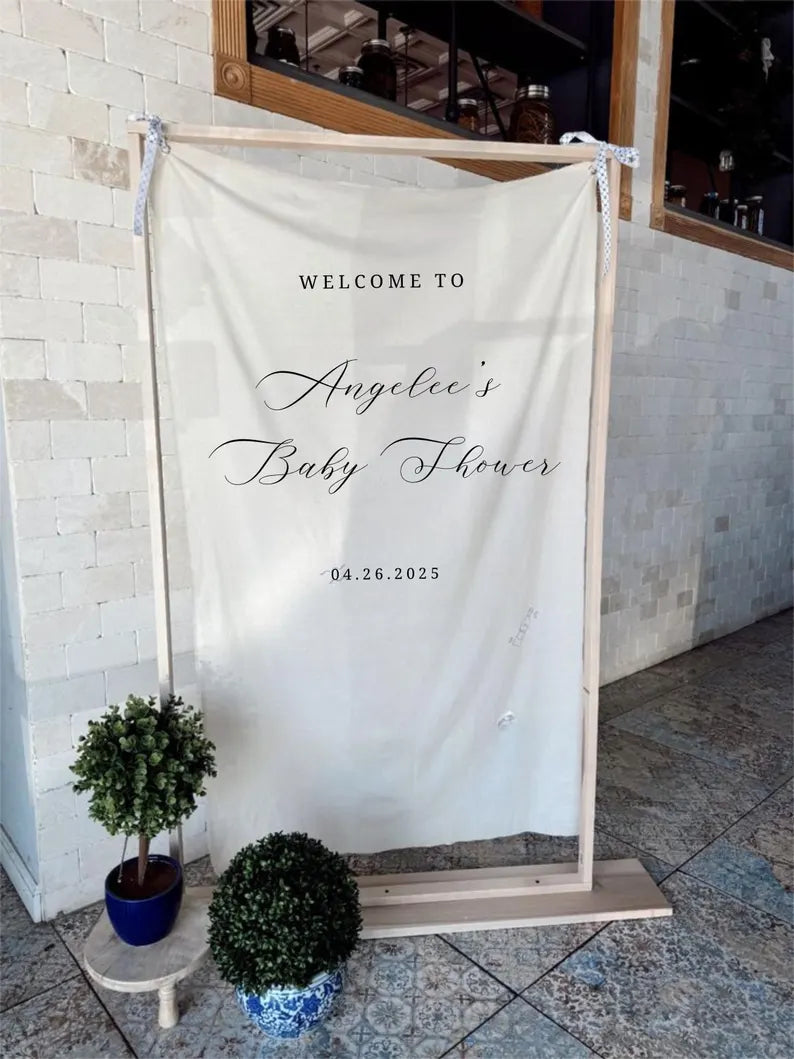 Linen Wedding Sign, Fabric Wedding Banner, Bridal Shower Sign, Wedding Drop, Baby Shower, Destination Wedding, With stand