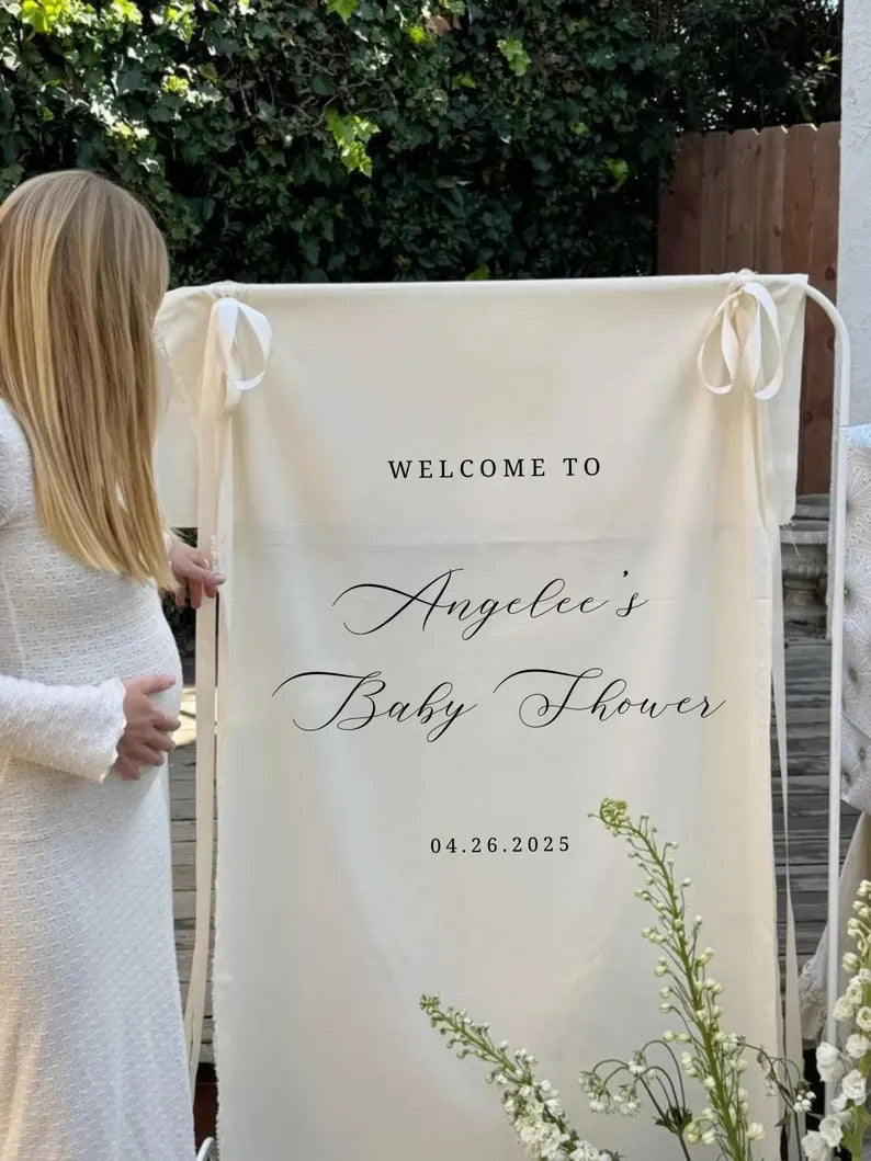 Linen Wedding Sign, Fabric Wedding Banner, Bridal Shower Sign, Wedding Drop, Baby Shower, Destination Wedding, With stand