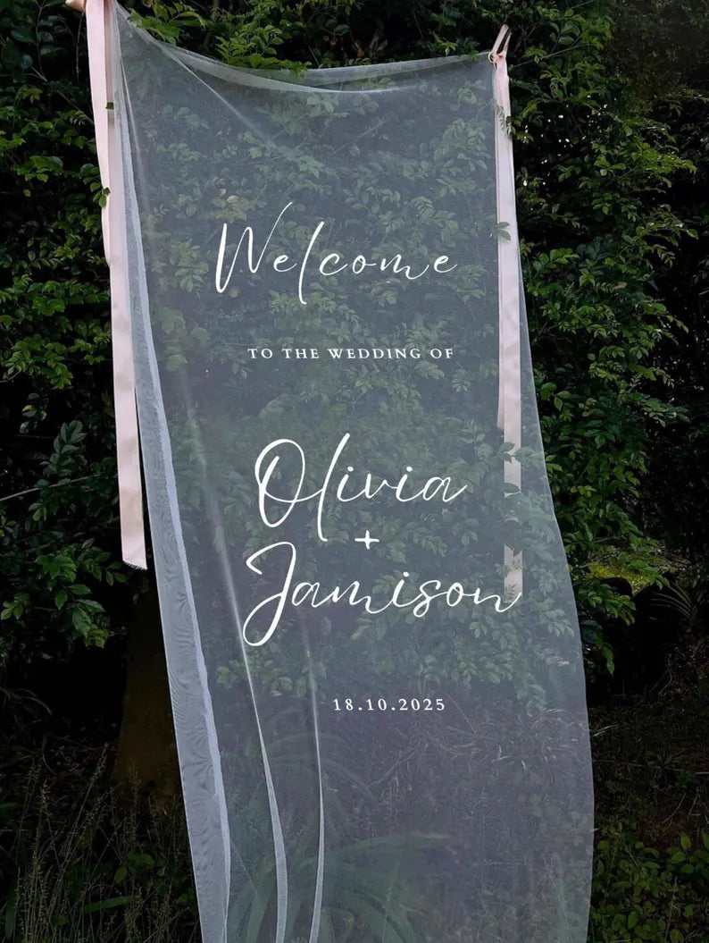 Sheer Wedding Sign, Romantic Wedding Sign, Wedding Backdrop, Voile Wedding Banner, Organza Wedding Sign, Fabric Welcome Sign