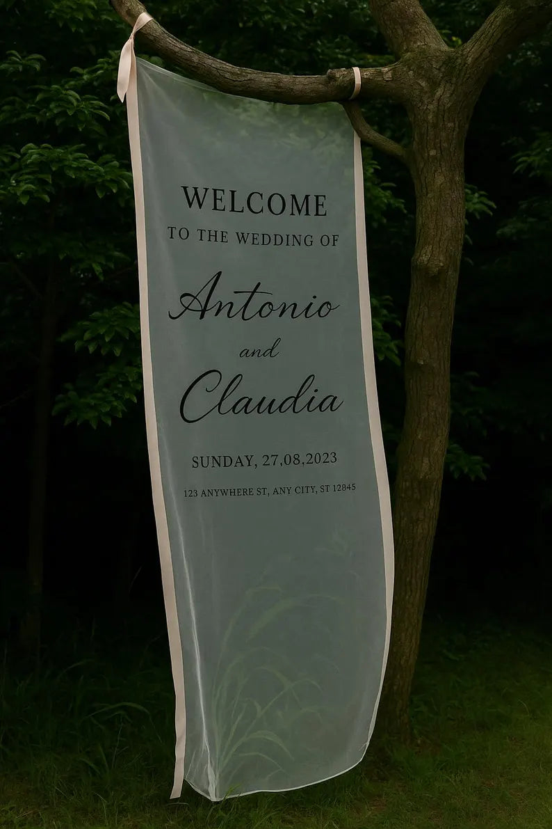 Romantic Sheer Wedding Sign,Personalized Sheer Fabric Wedding Sign,Custom Transparent Linen Welcome Banner