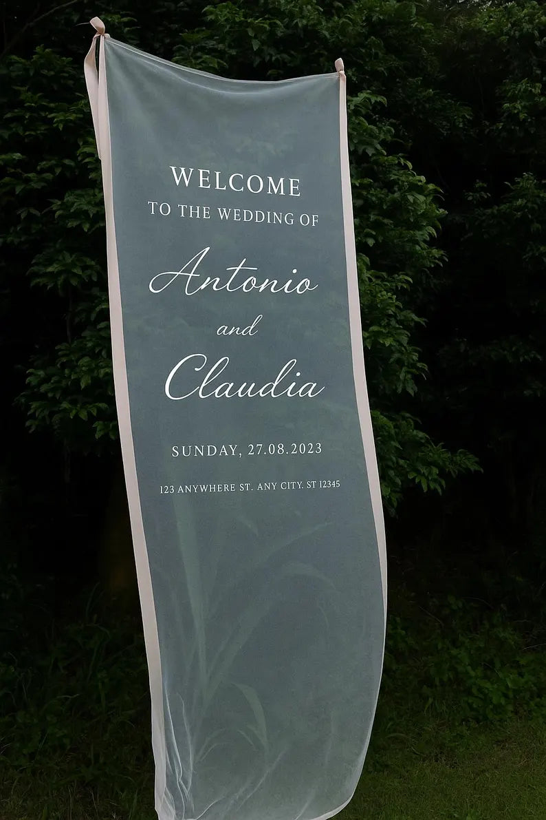 Sheer Wedding Sign | Personalized Welcome Banner | Elegant Wedding Backdrop | Custom Bridal Signage