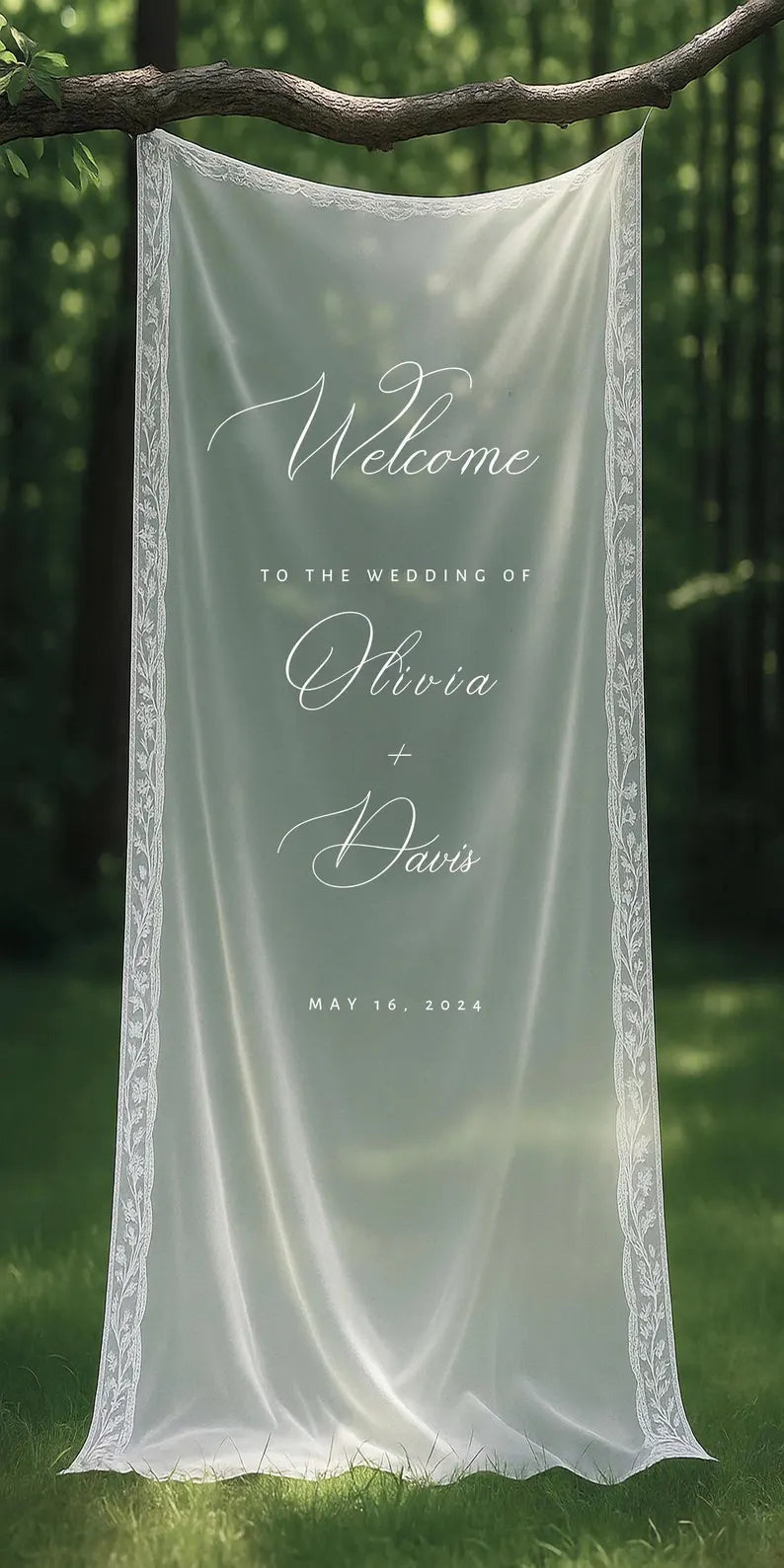 Welcome Fabric Sign, Sheer Sign, Fabric Sign, Wedding Veil, fabric sign, Custom Wedding Welcome Sign, Personalized Lace Edge Sign