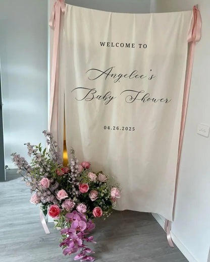 Linen Wedding Sign, Fabric Wedding Banner, Bridal Shower Sign, Wedding Drop, Baby Shower, Destination Wedding, With stand